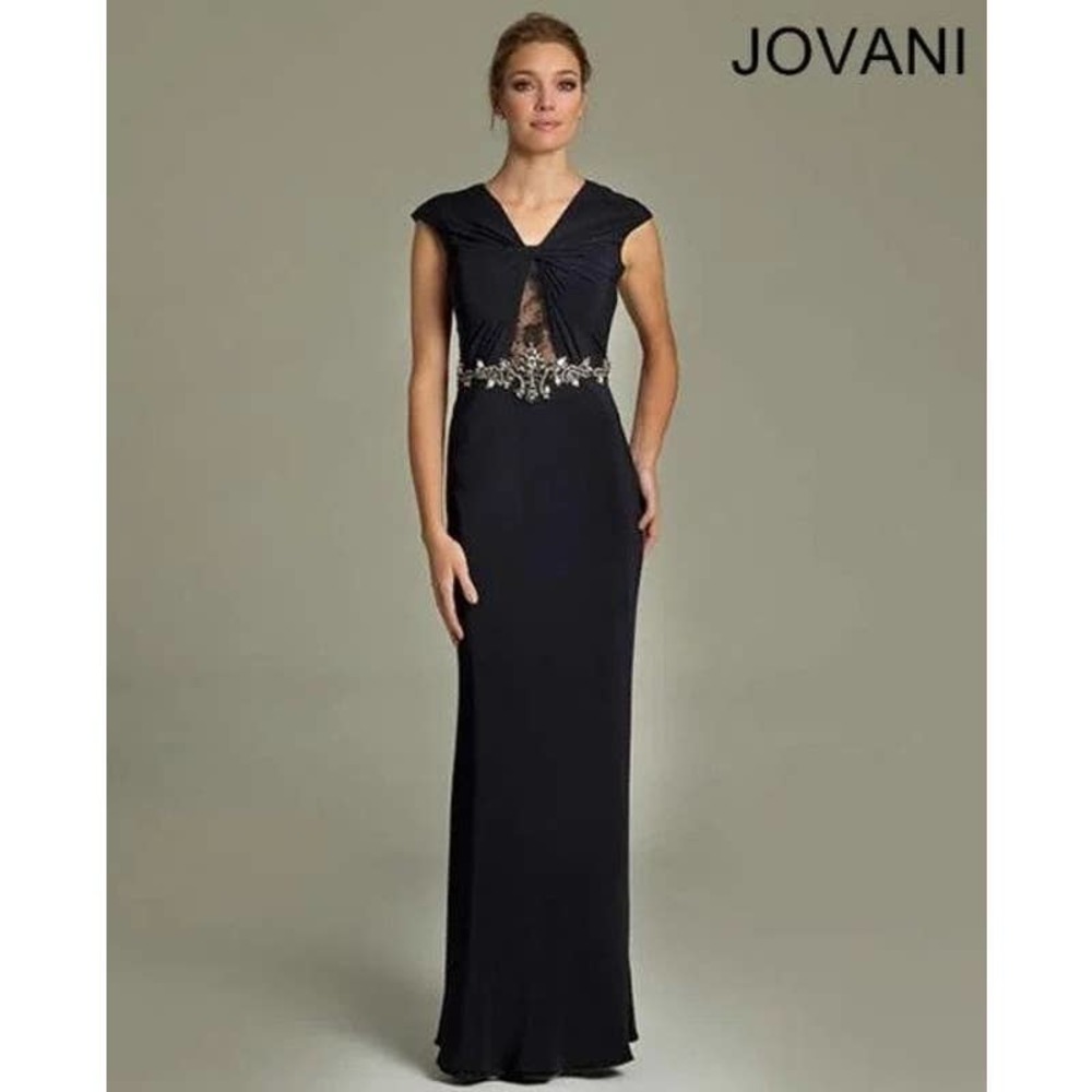 Jovani Black Cap Sleeve Embellished Waist Lace Back Long Evening Dress